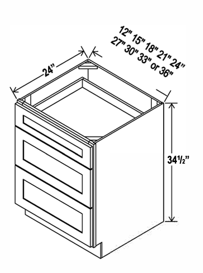Kitchen 3 Drawer Base , 24" , Shaker , PVC White