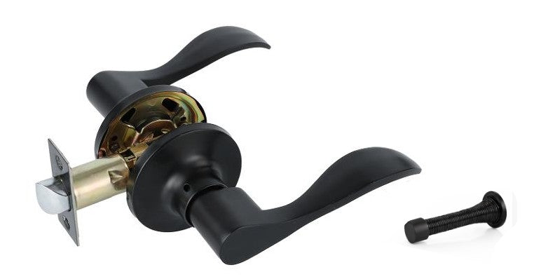 Door Lever , Wave Style , Passage , w/Door Stop , Matte Black
