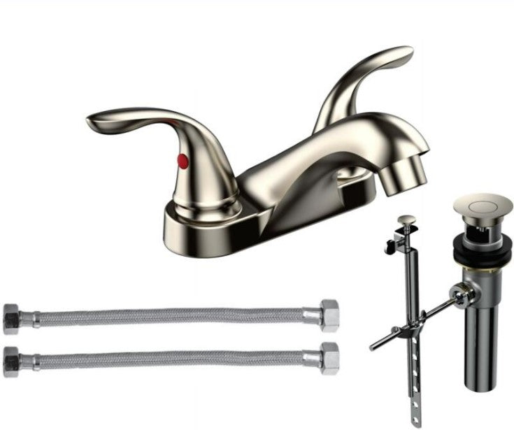 Bathroom Faucet , Deck Mounted  3-Hole , Pop Up Basin Drain , Brushed Nickel