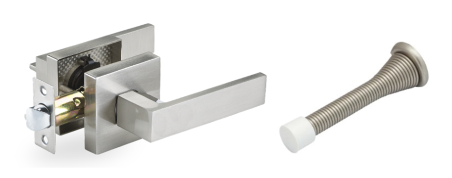 Door Lever, Square Style, Passage , Heavy Duty , w/Door Stop , Brushed Nickel