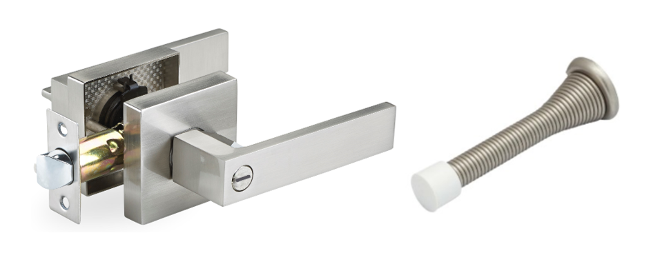 Door Lever, Square Style, Privacy , Heavy Duty , w/Door Stop , Brushed Nickel