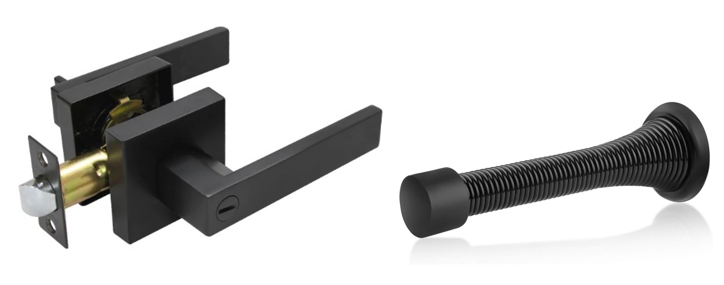 Door Lever, Square Style, Privacy , Heavy Duty , w/Door Stop , Matte Black